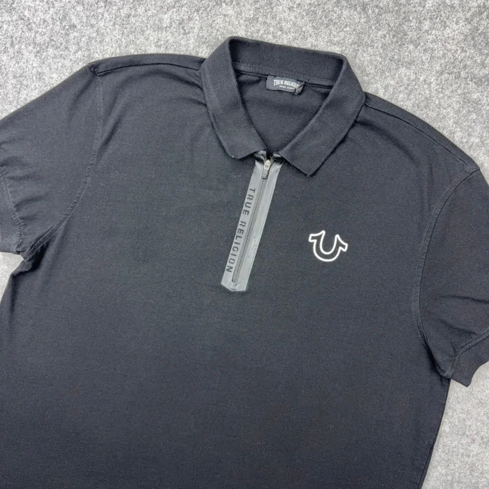 True Religion Shirt Mens XL Black Logo Zipper Tape Polo Horseshoe Short Sleeve